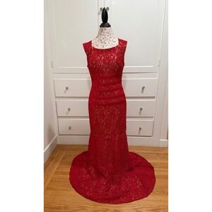 Eureka Red Sequin Lace Gown Over Satin Mermaid Style Formal Evening Dress XLarge